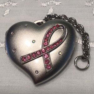 Heart Locket w/ Breast Cancer Ribbon In Rhinstones